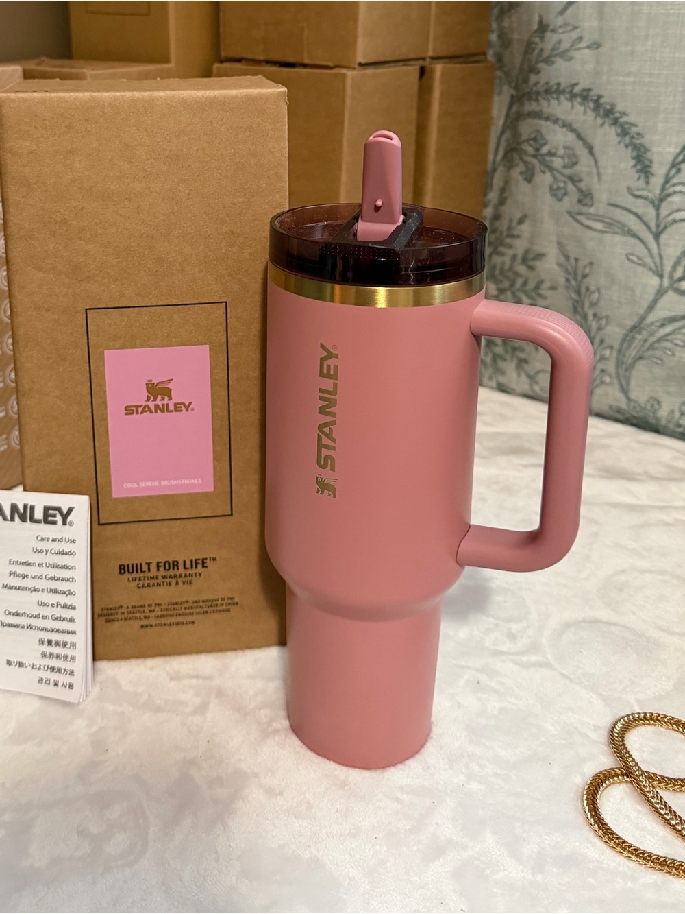 40oz Stanley tumbler cup blush pink with gold leak proof sip lid straw